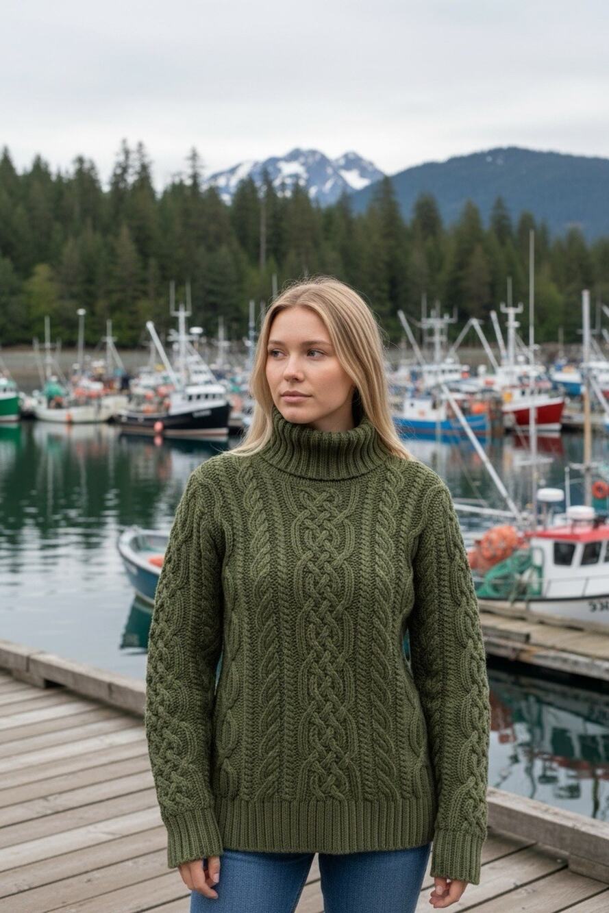 Paul James Women's M Green Wool Cable Knit Turtleneck Chunky Sweater Fisherman